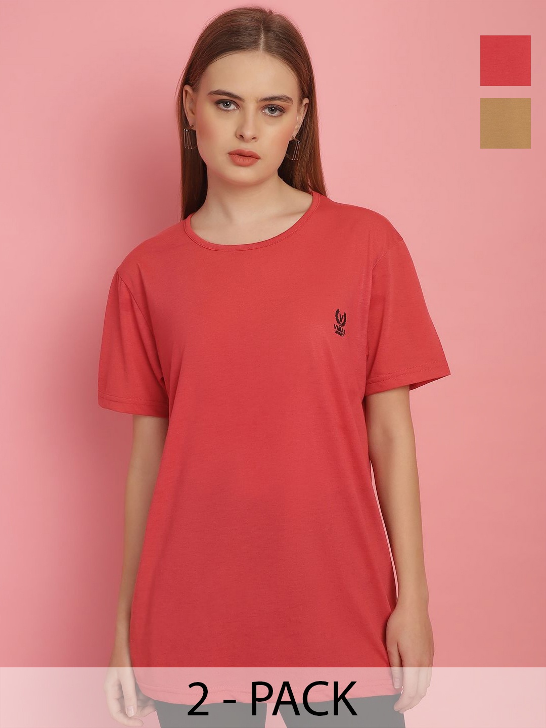 

VIMAL JONNEY Women Pack Of 2 Solid Oversized T-shirts, Red