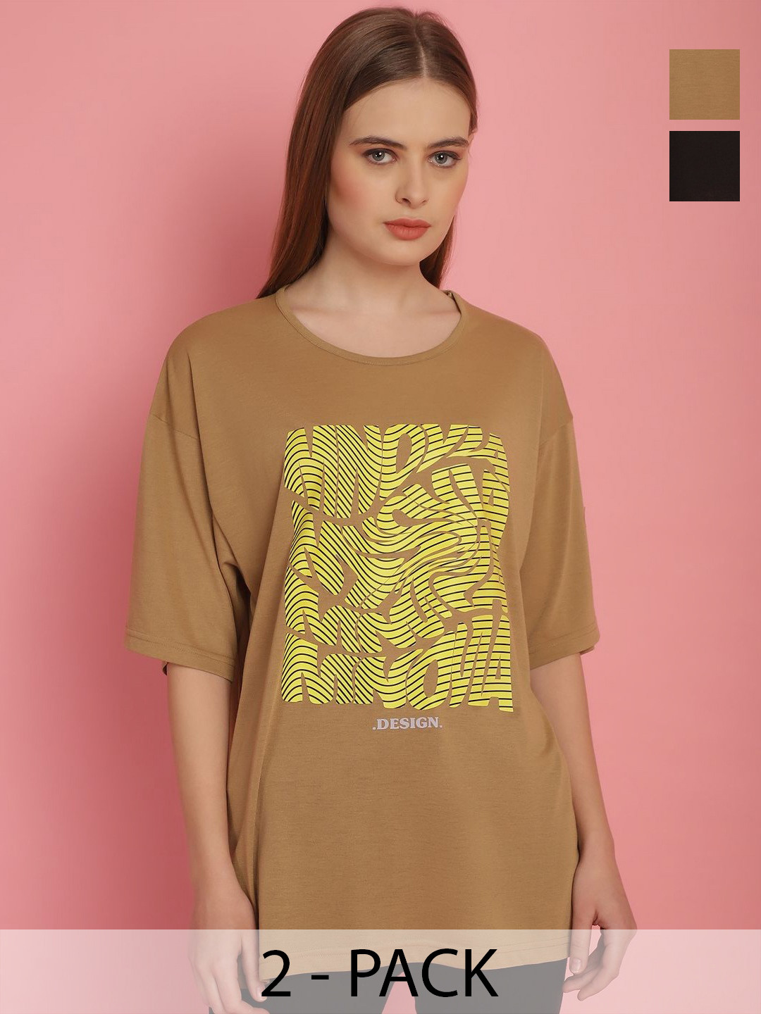 MACK JONNEY Women Pack Of 2 Printed Round Neck T-shirt, Brown