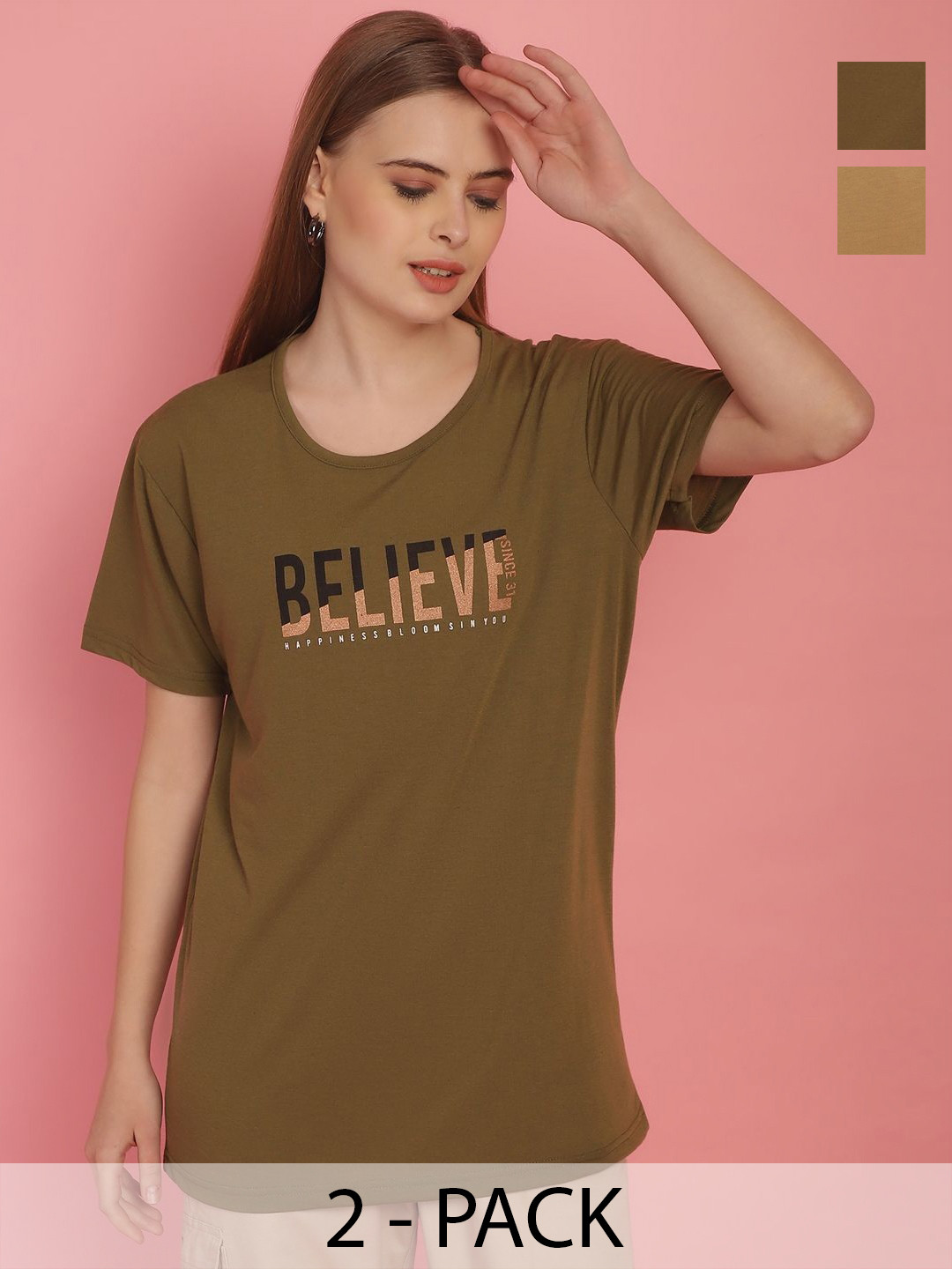 

MACK JONNEY Women Pack Of 2 Printed Oversized T-shirt, Brown