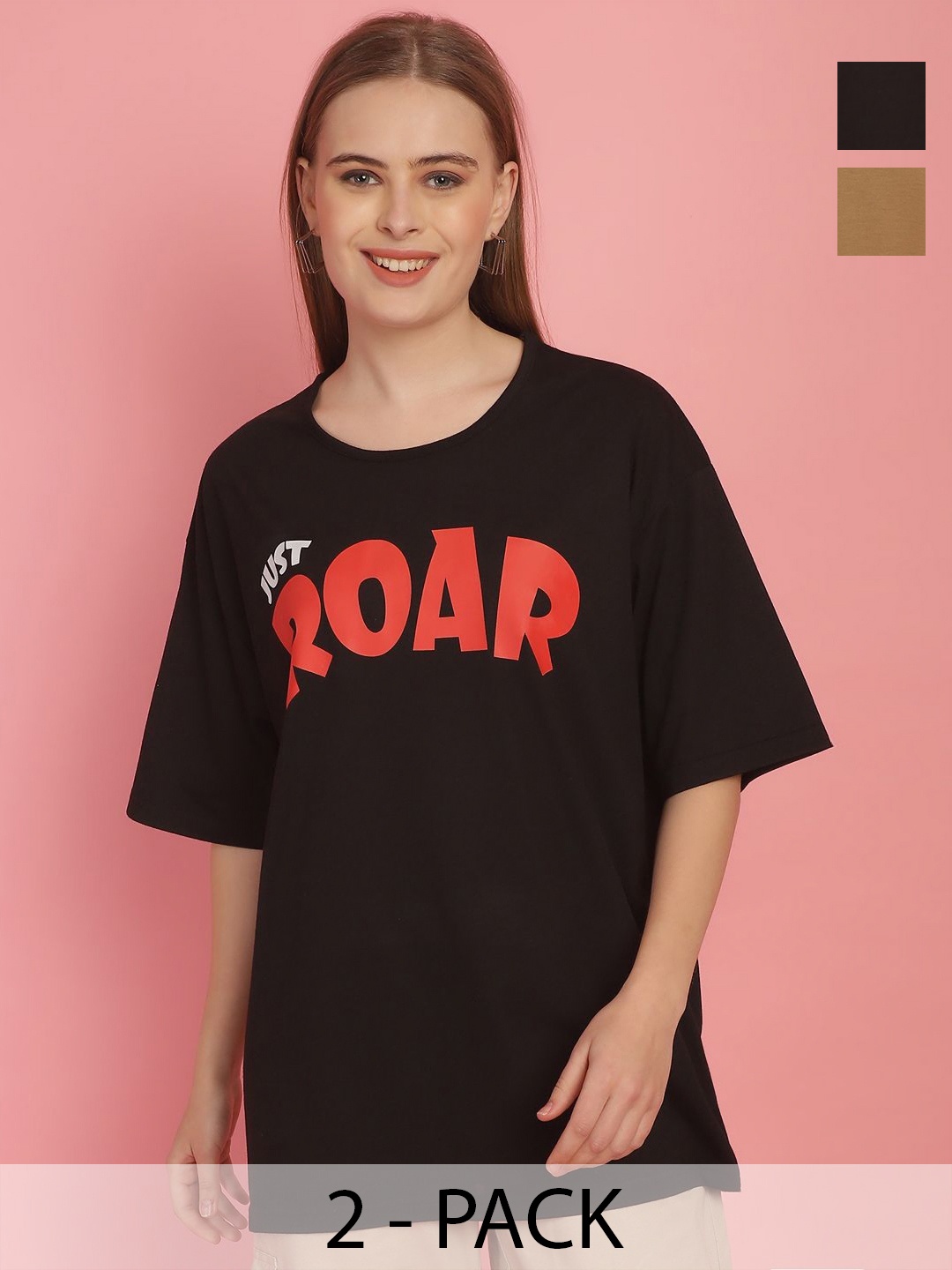 

MACK JONNEY Women Pack Of 2 Printed Oversized T-shirts, Black