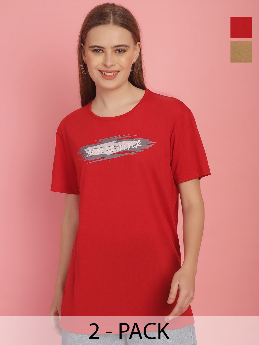 

MACK JONNEY Women Pack Of 2 Printed Oversized T-shirts, Red