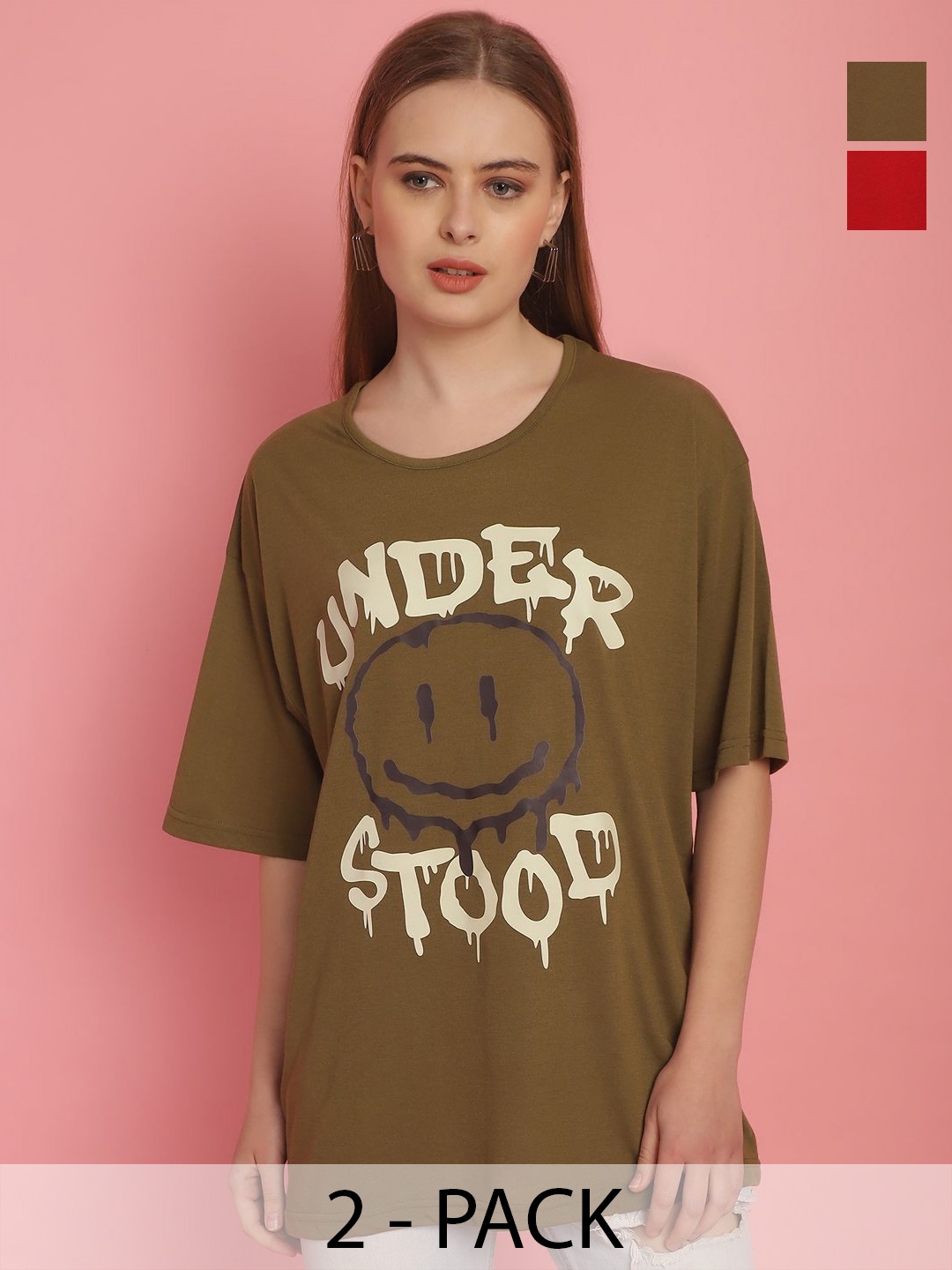 

MACK JONNEY Women Pack Of 2 Printed Oversized T-shirts, Brown