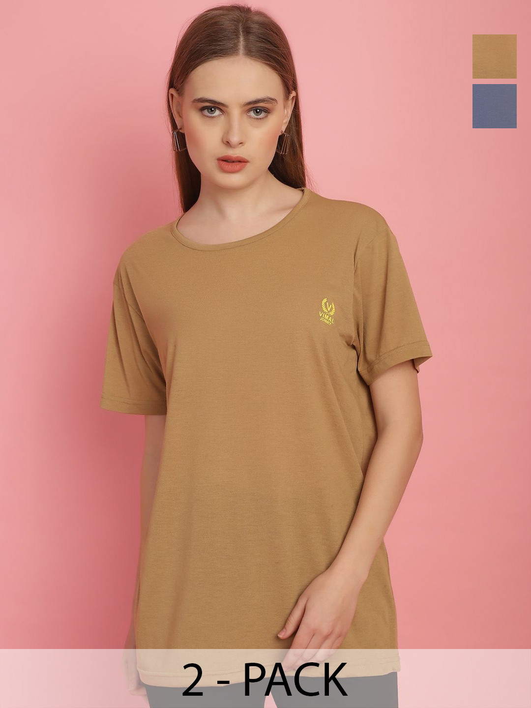 

VIMAL JONNEY Women Pack Of 2 Solid Oversized T-shirts, Brown