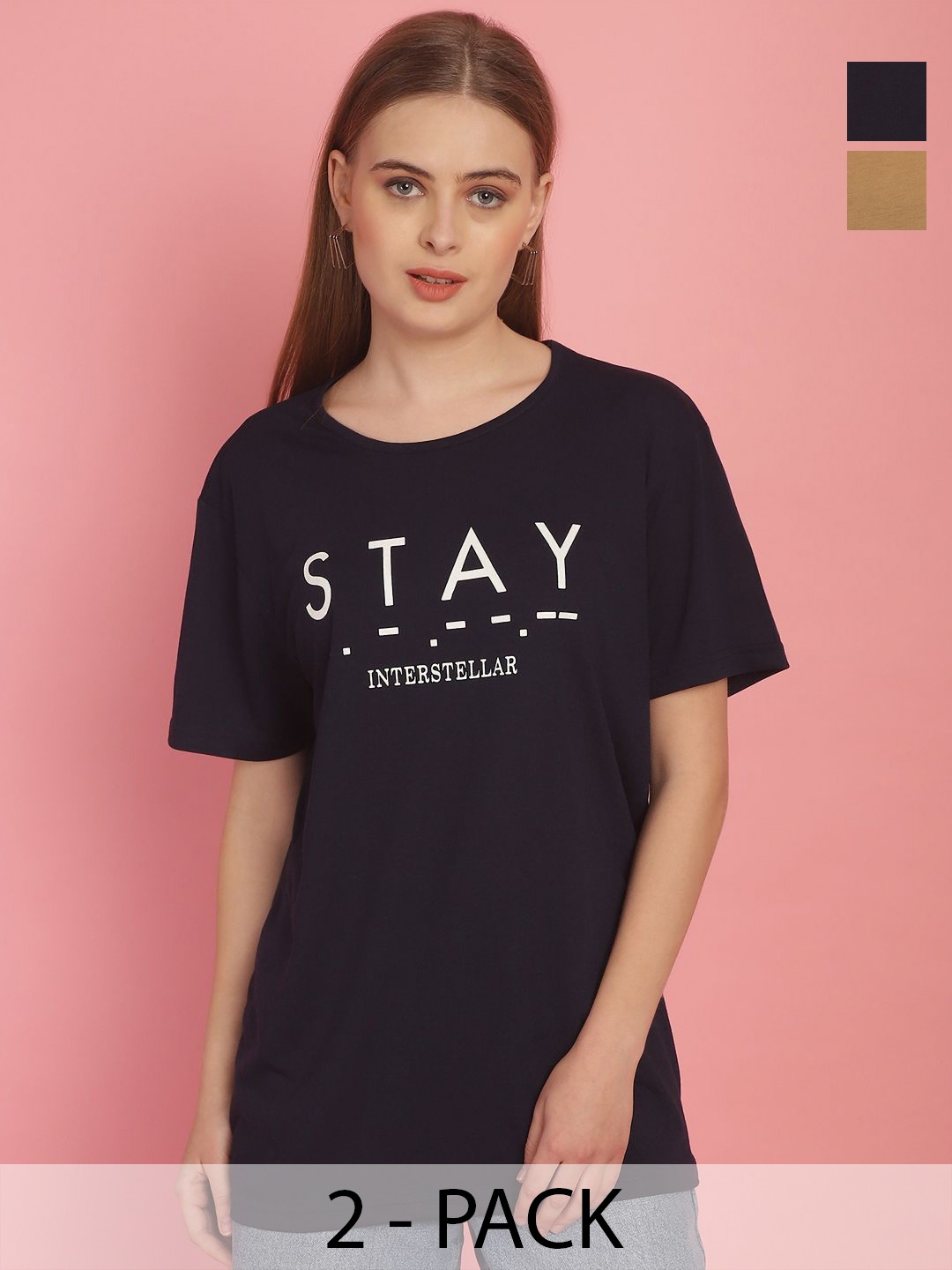 MACK JONNEY Women Pack Of 2 Printed Oversized T-shirts, Black