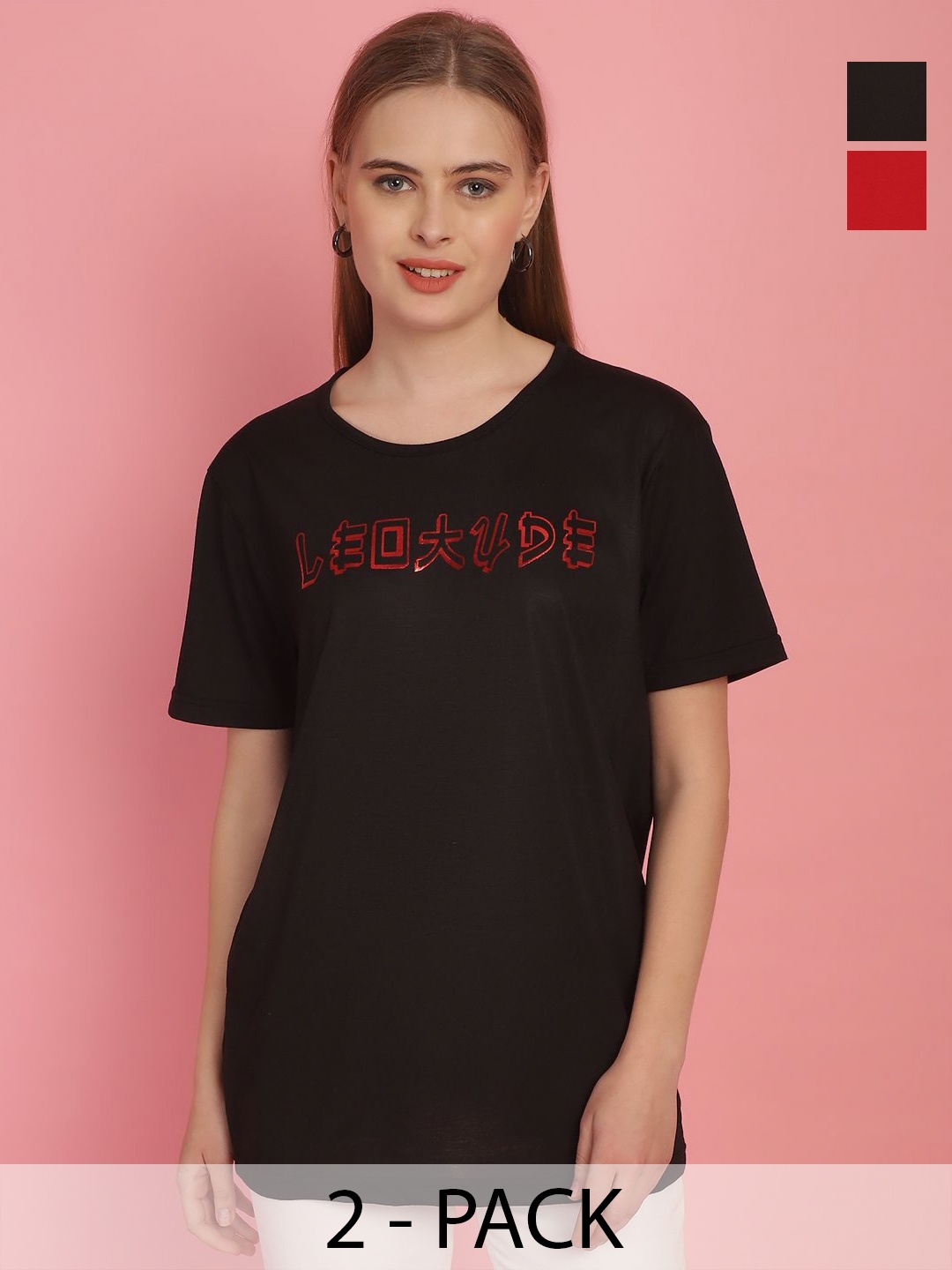 

MACK JONNEY Women Pack Of 2 Typography Printed Drop-Shoulder Sleeves Oversized T-shirts, Black