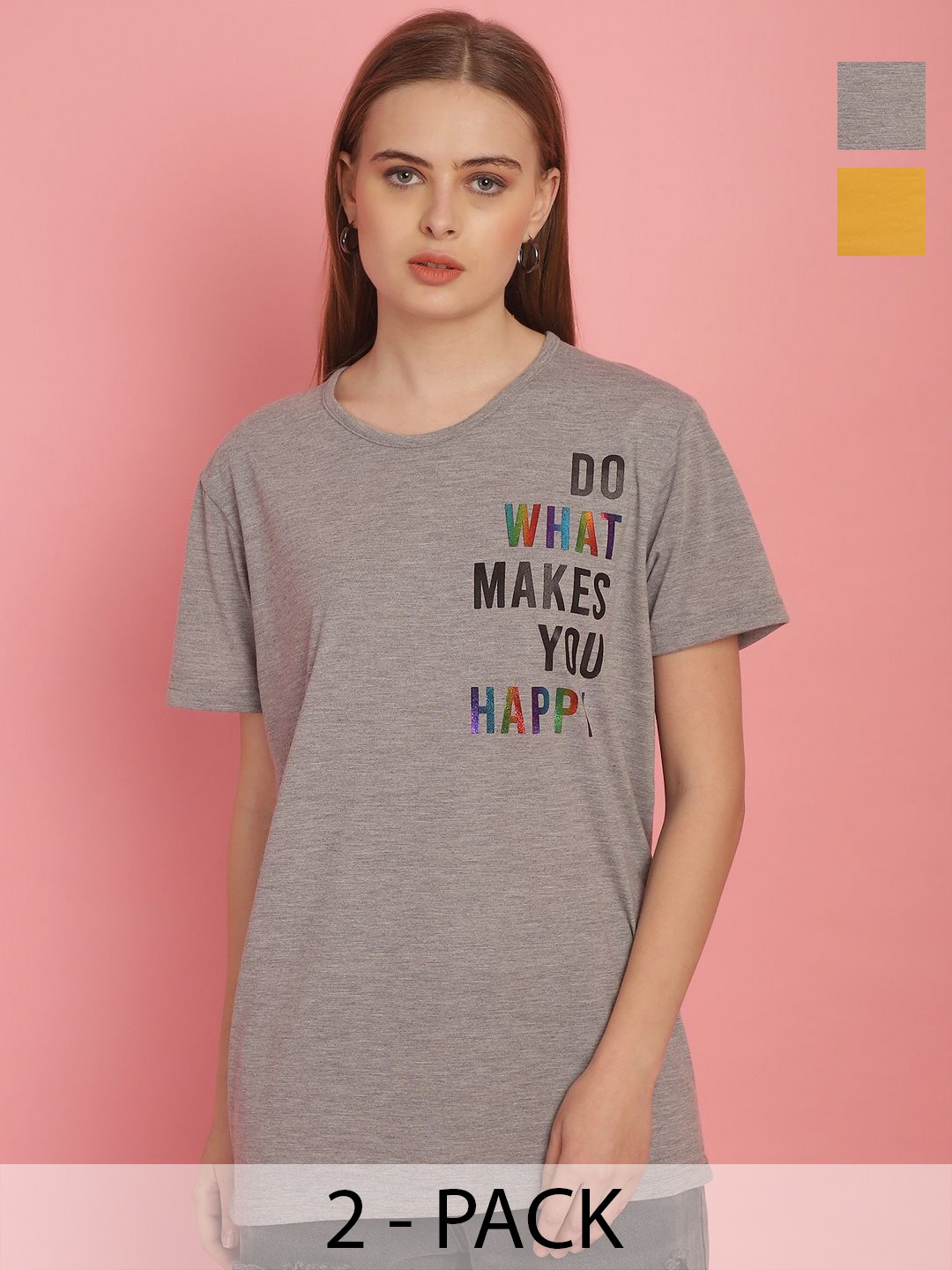 

MACK JONNEY Women Pack Of 2 Typography Printed Drop-Shoulder Sleeves Oversized T-shirts, Grey