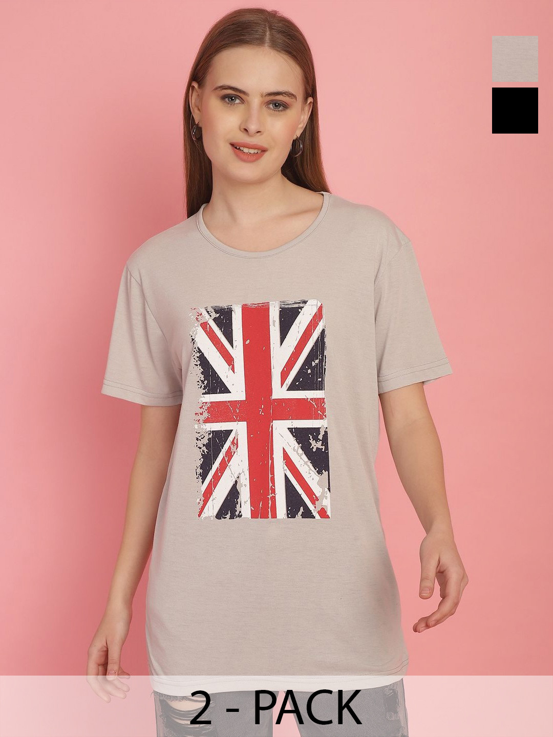 

MACK JONNEY Women Pack Of 2 Printed Drop-Shoulder Sleeves Oversized T-shirts, Beige