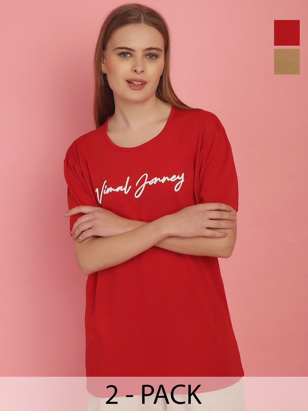 

VIMAL JONNEY Women Pack Of 2 Typography Printed Drop-Shoulder Sleeves Oversized T-shirts, Red