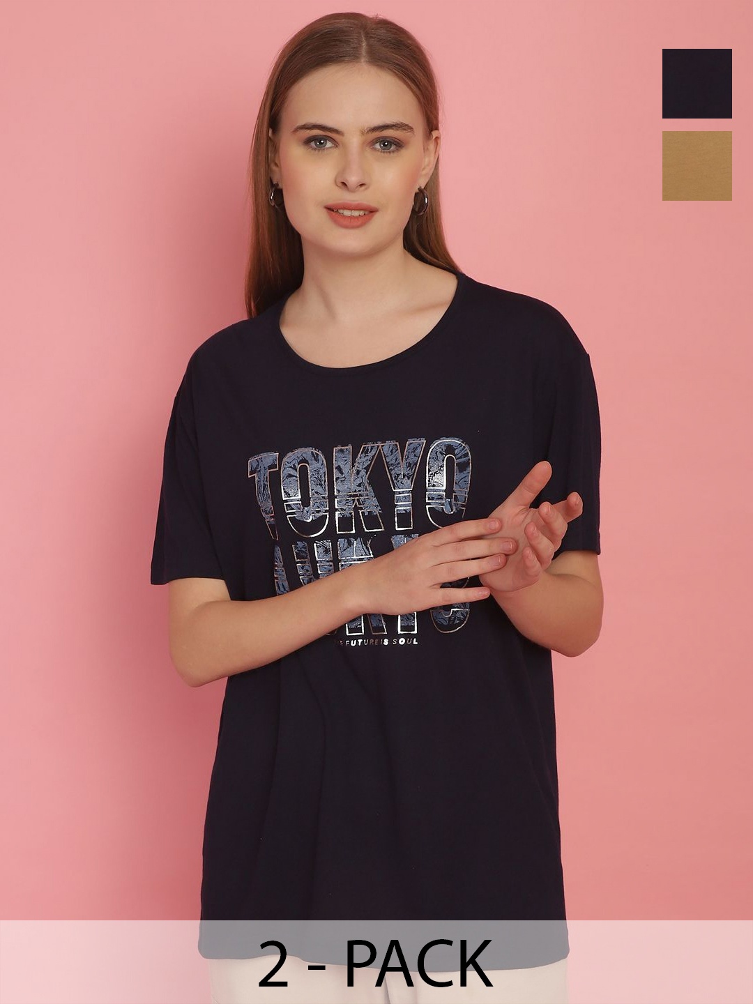 

MACK JONNEY Women Pack Of 2 Typography Printed Drop-Shoulder Sleeves Oversized T-shirts, Black