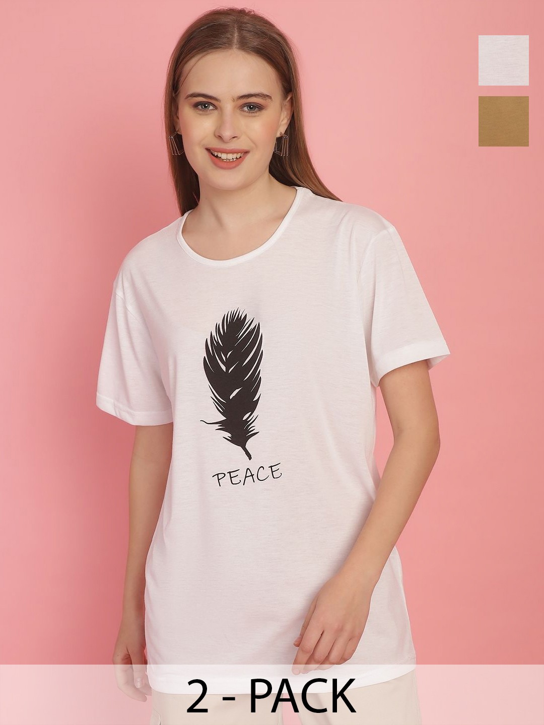 

MACK JONNEY Women Pack Of 2 Typography Printed Drop-Shoulder Sleeves Oversized T-shirts, White
