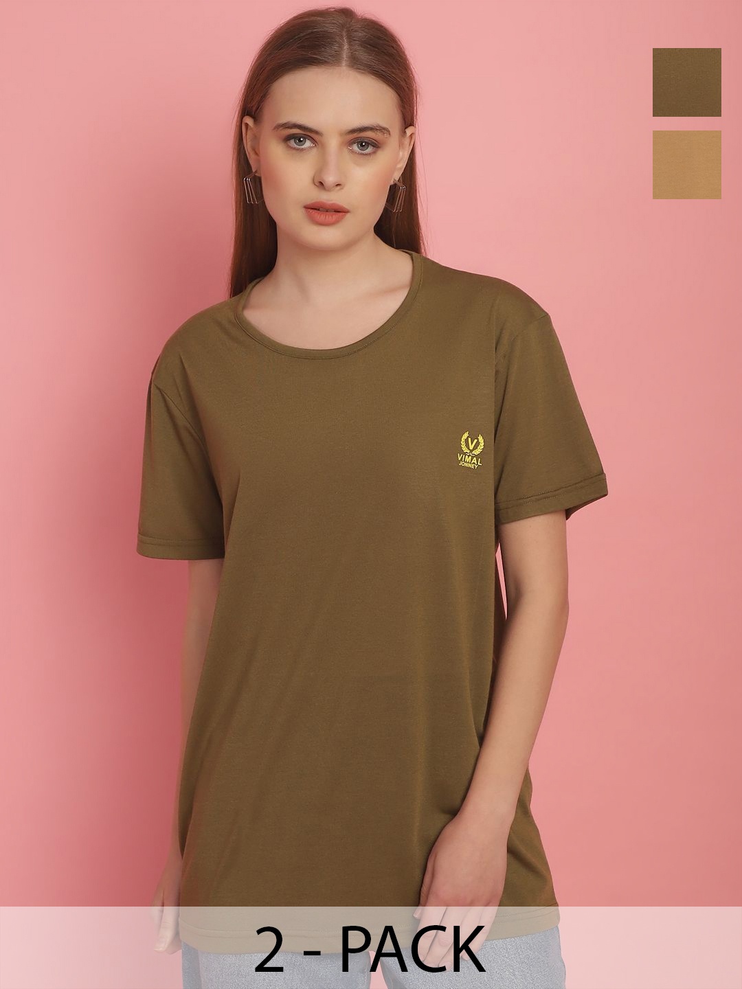 

MACK JONNEY Women Pack Of 2 Solid Drop-Shoulder Sleeves Oversized T-shirts, Brown