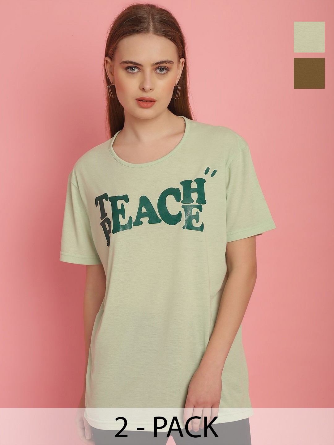 VIMAL JONNEY Women Pack Of 2 Typography Printed Drop-Shoulder Sleeves Oversized T-shirts, Green