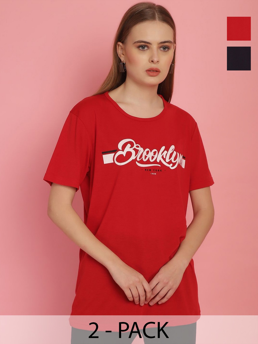 

MACK JONNEY Pack Of 2 Women Typography Printed Round Neck Oversized T-shirt, Red