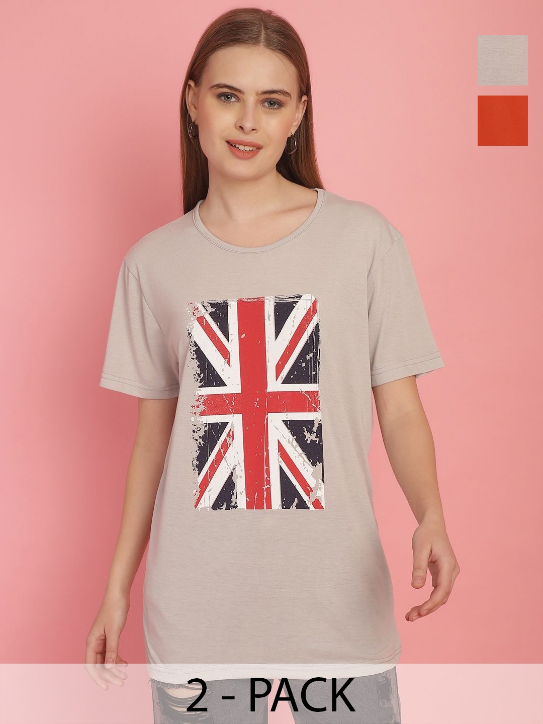 

MACK JONNEY Pack Of 2 Women Printed Round Neck Oversized T-shirt, Orange