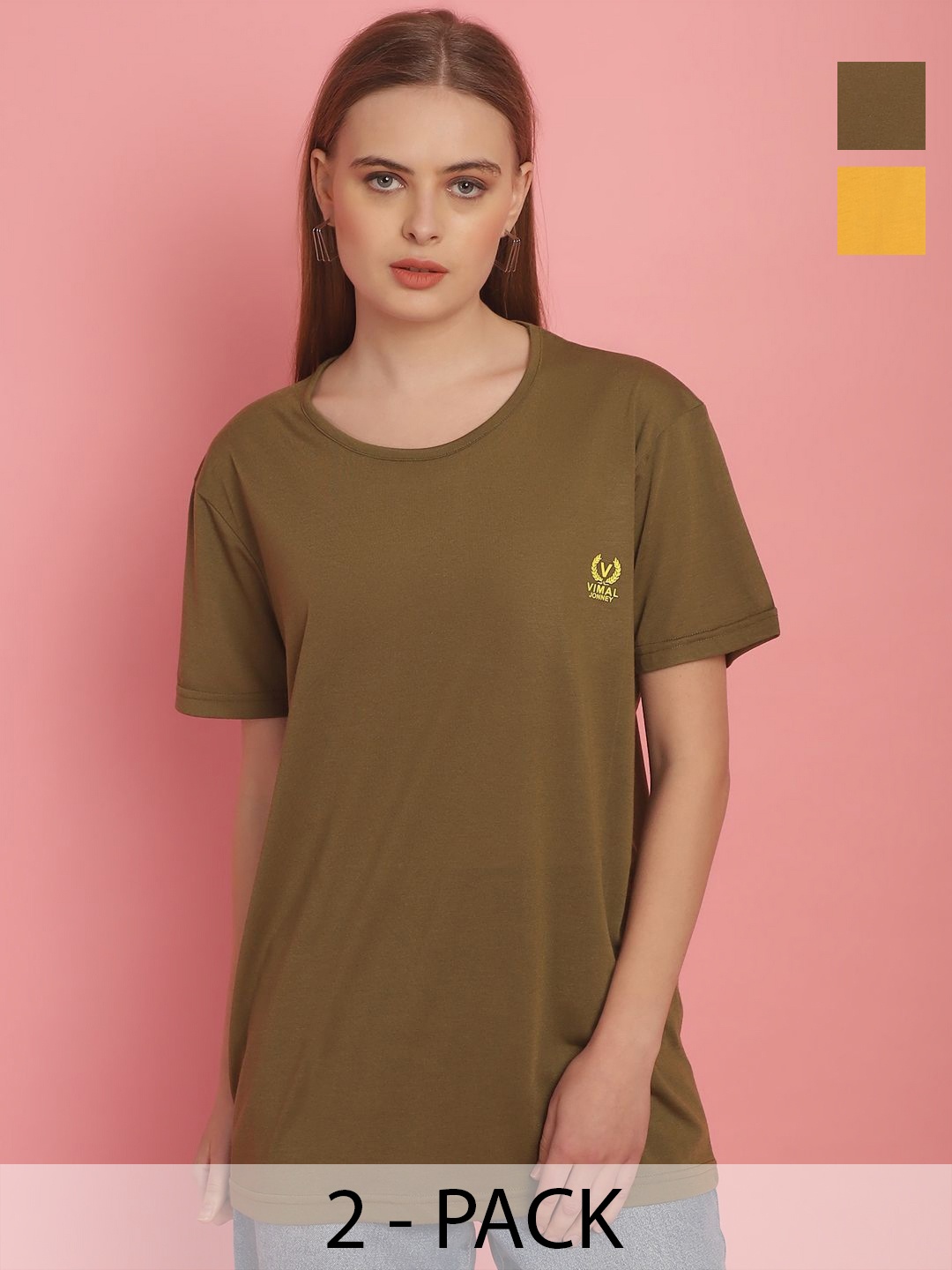 

VIMAL JONNEY Pack Of 2 Women Solid Round Neck Oversized T-shirt, Olive