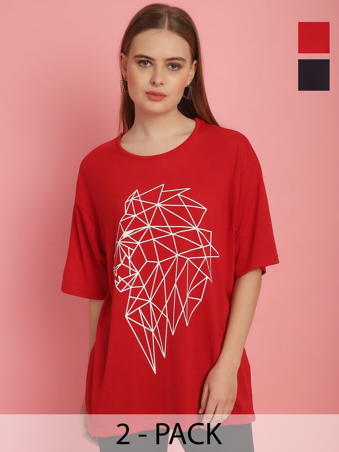 MACK JONNEY Pack Of 2 Women Printed Round Neck Oversized T-shirt, Red