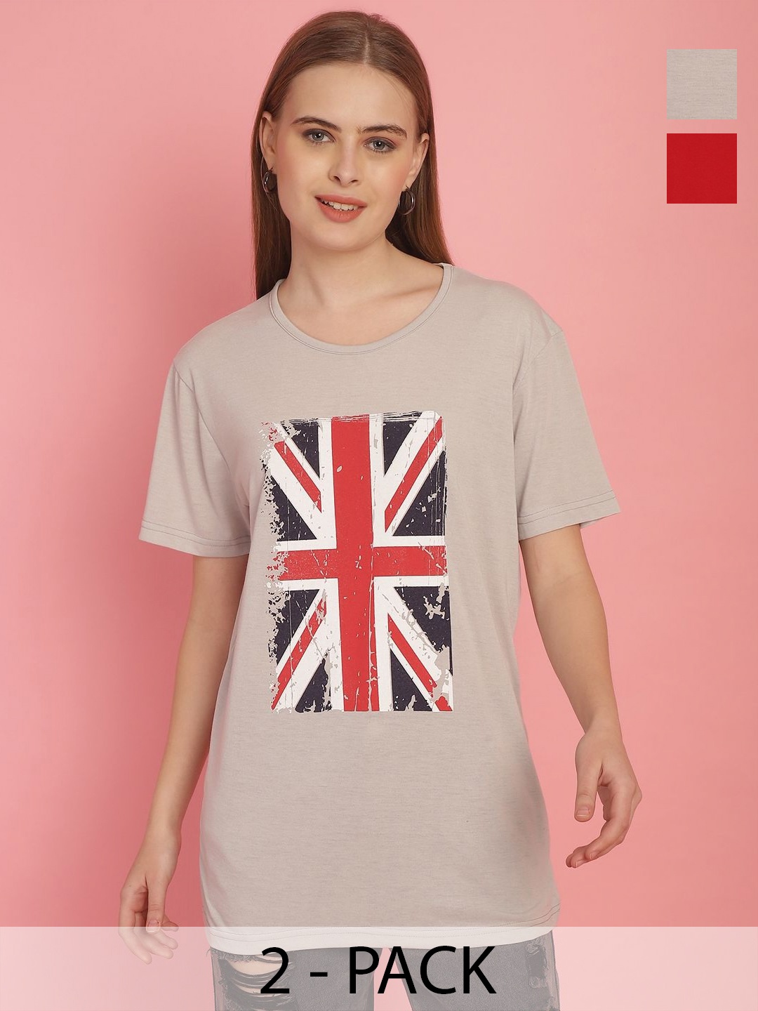 

MACK JONNEY Pack Of 2 Women Printed Round Neck Oversized T-shirt, Red