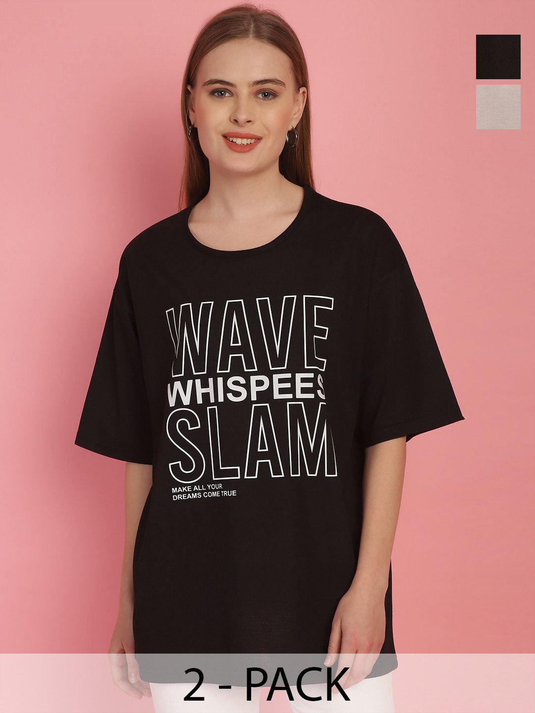 

MACK JONNEY Pack Of 2 Women Typography Printed Round Neck Oversized T-shirt, Black