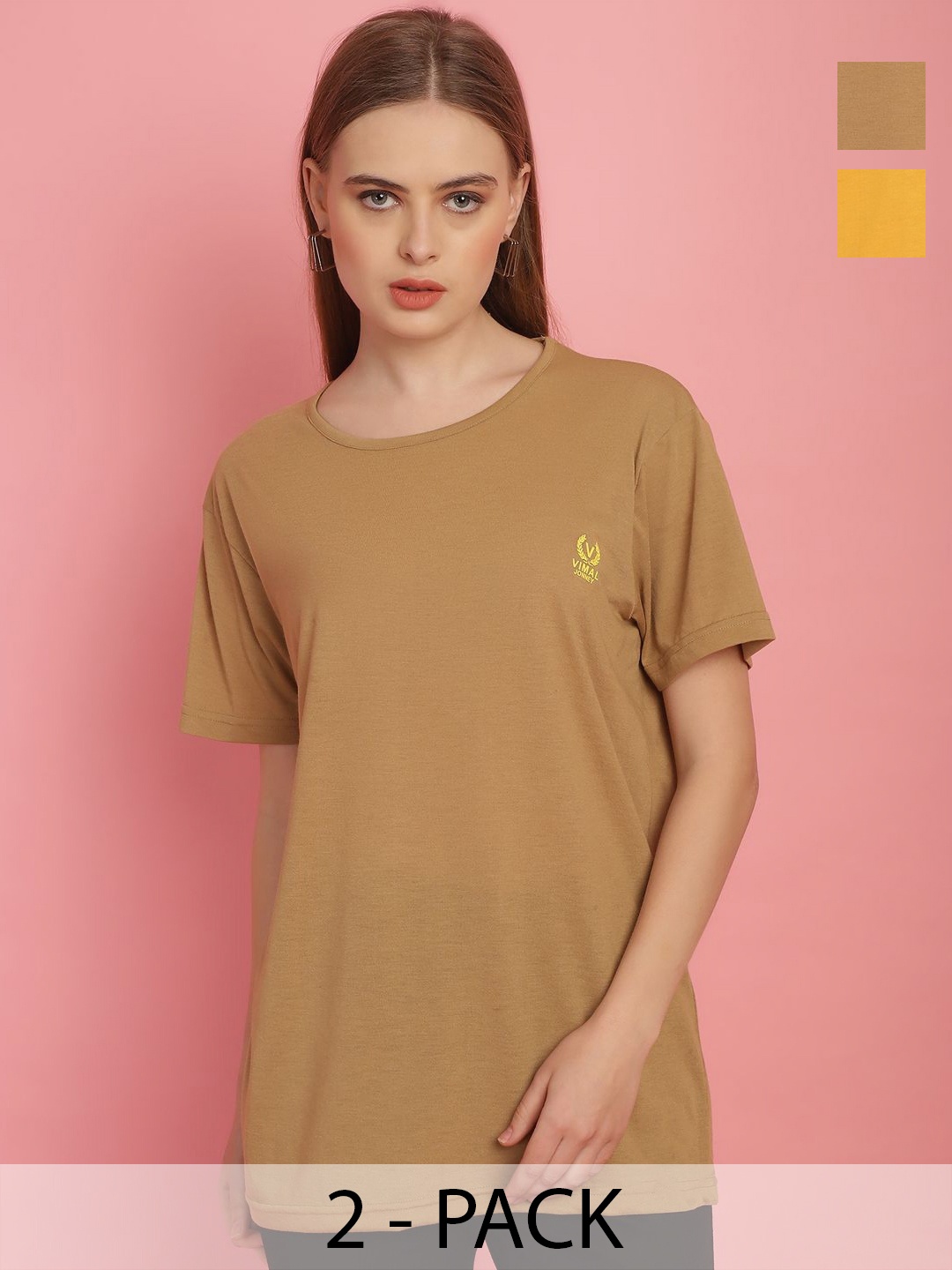 

MACK JONNEY Pack Of 2 Women Solid Round Neck Oversized T-shirt, Yellow