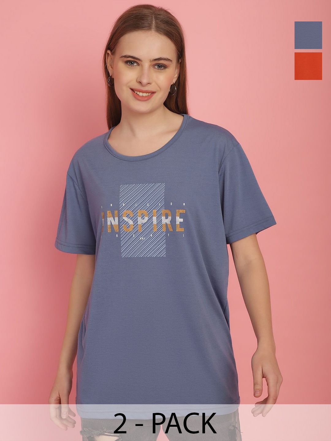 MACK JONNEY Pack Of 2 Women Typography Printed Round Neck Oversized T-shirt, Orange