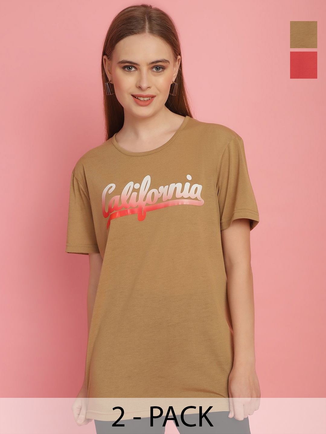 

MACK JONNEY Pack Of 2 Women Typography Printed Round Neck Oversized T-shirt, Brown