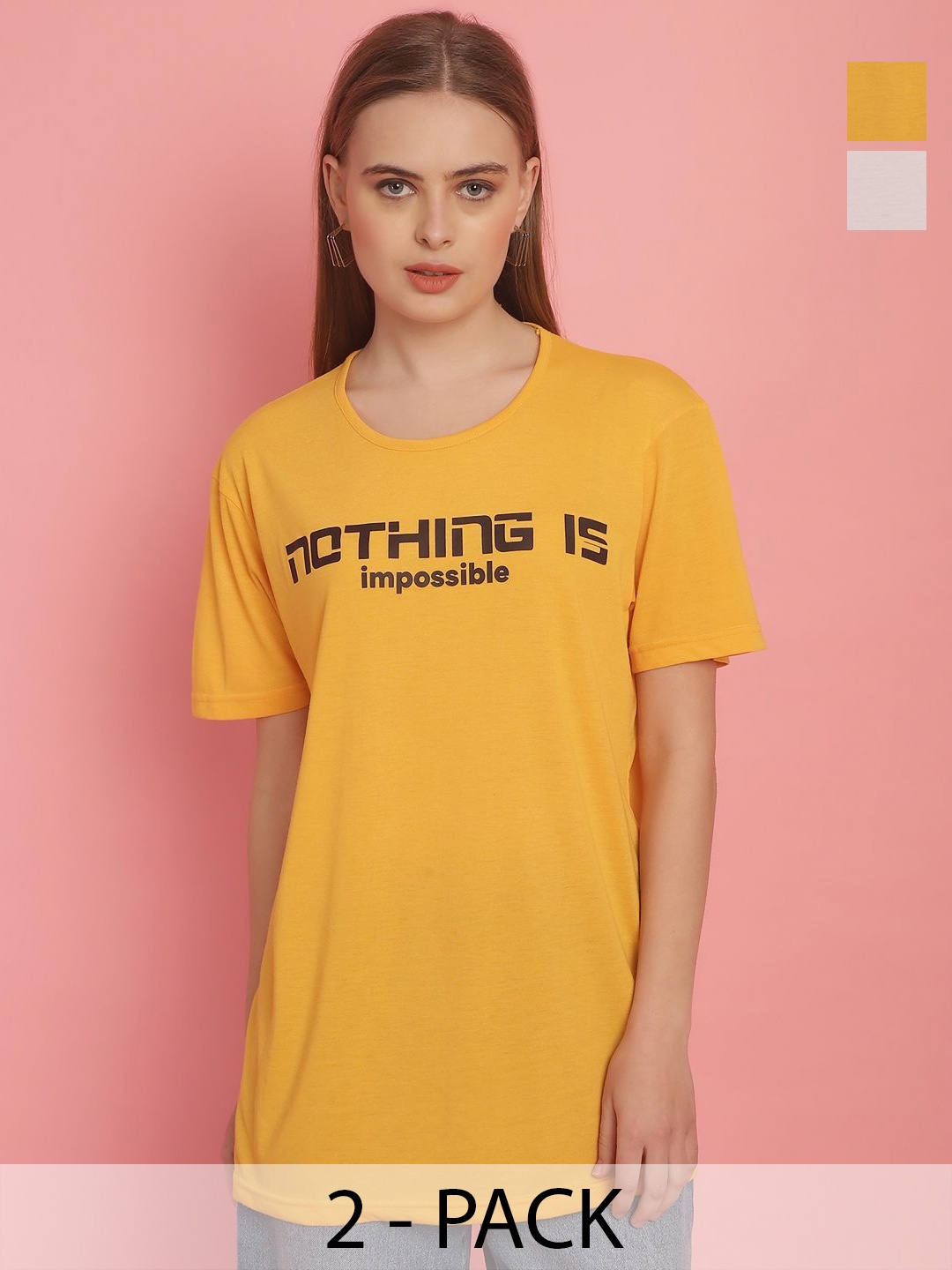 

MACK JONNEY Pack Of 2 Women Printed Round Neck Oversized T-shirt, Yellow
