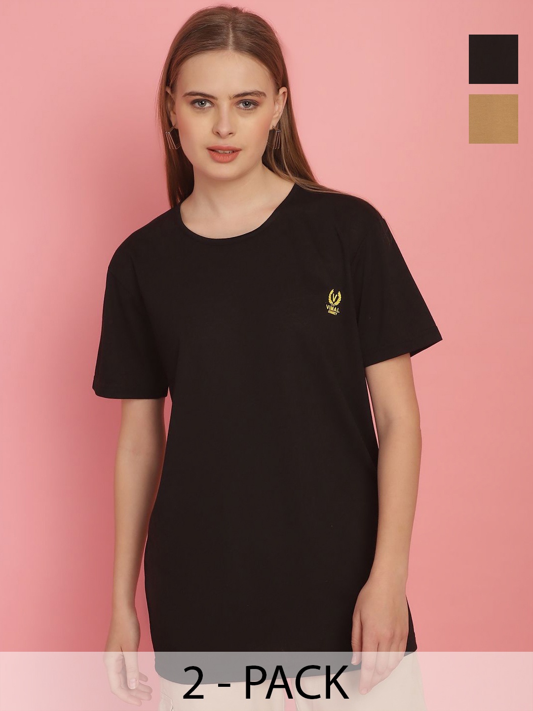 

MACK JONNEY Pack Of 2 Women Solid Round Neck Oversized T-shirt, Black