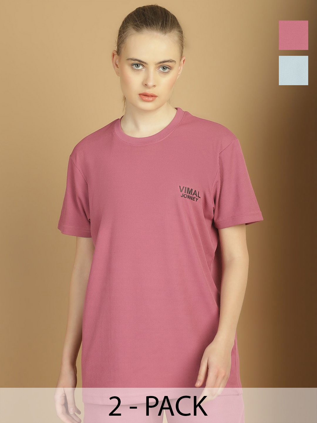 

MACK JONNEY Pack Of 2 Women Solid Round Neck T-shirt, Pink