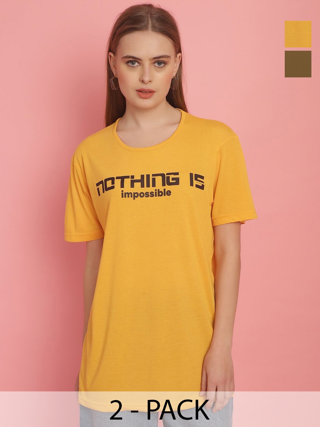 VIMAL JONNEY Pack Of 2 Women Typography Printed Round Neck Oversized Cotton T-shirts, Yellow