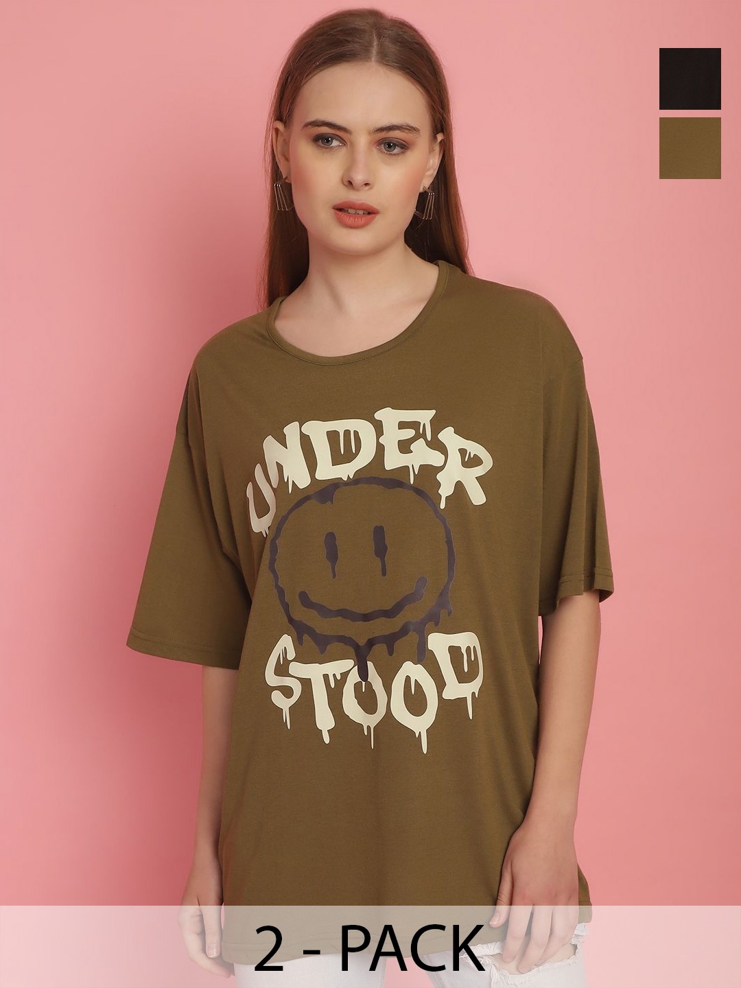 

MACK JONNEY Pack Of 2 Women Typography Printed Round Neck Oversized T-shirt, Olive