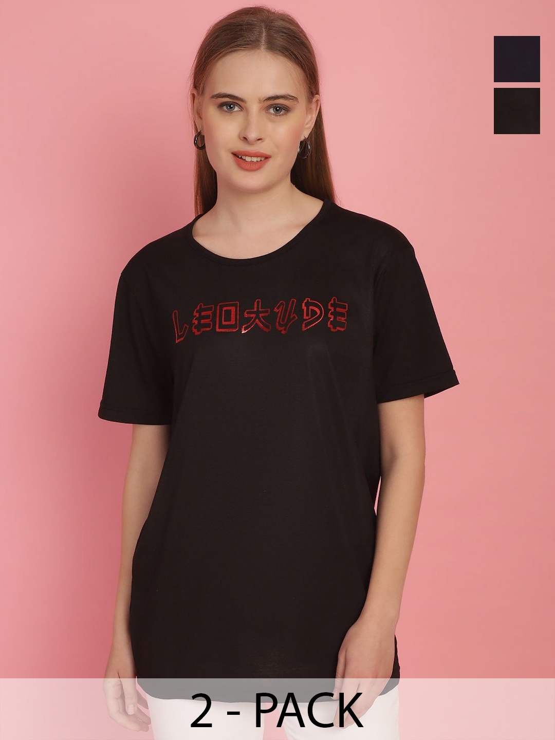 

MACK JONNEY Pack Of 2 Women Typography Printed Round Neck Oversized T-shirt, Black