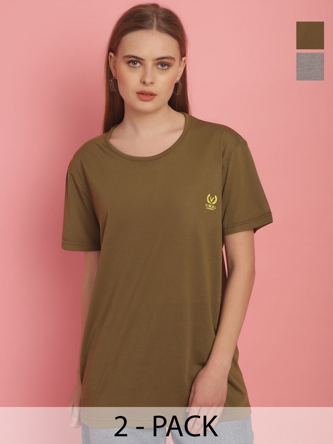 

VIMAL JONNEY Pack Of 2 Women Solid Round Neck Oversized T-shirt, Olive