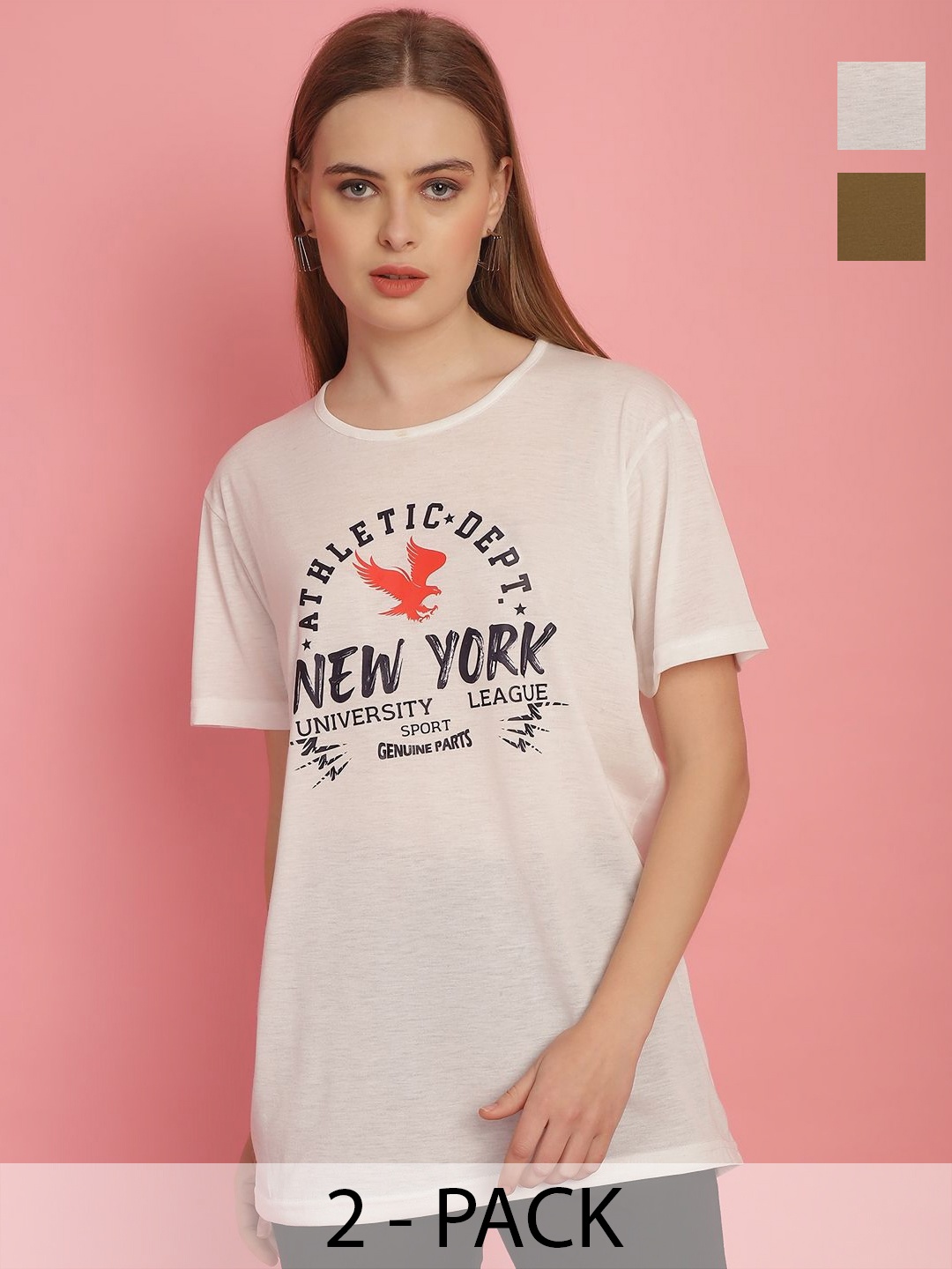 

VIMAL JONNEY Pack Of 2 Women Typography Printed Round Neck Oversized T-shirt, White