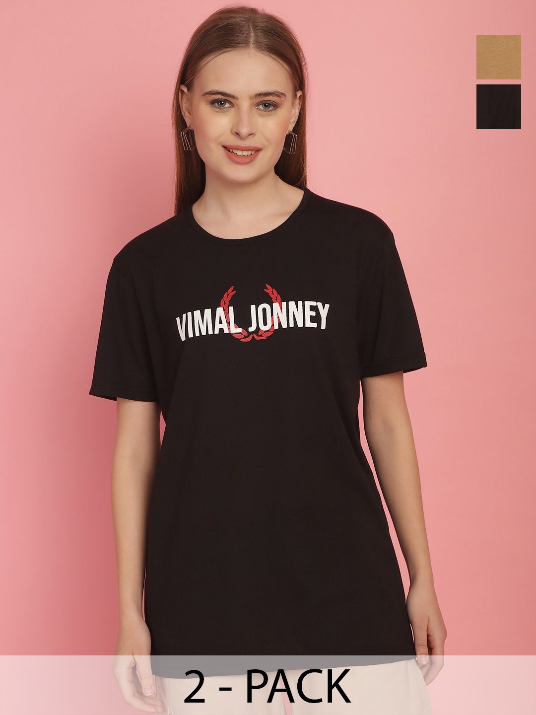 

VIMAL JONNEY Pack Of 2 Women Typography Printed Round Neck Oversized T-shirt, Black