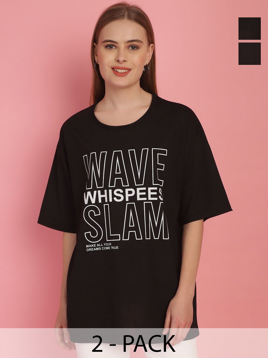 

MACK JONNEY Pack Of 2 Women Typography Printed Round Neck Oversized T-shirt, Black