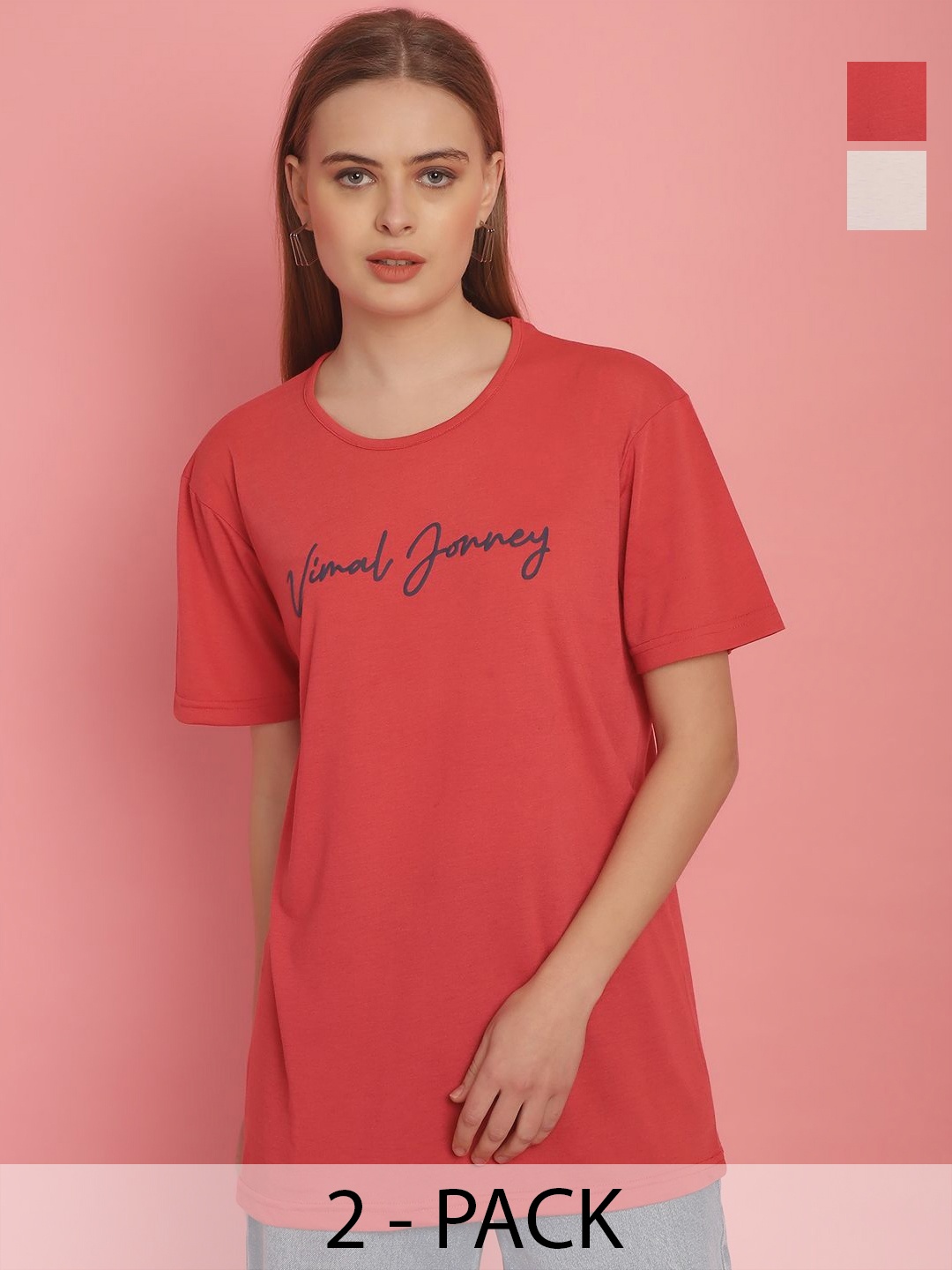

MACK JONNEY Pack Of 2 Women Typography Printed Round Neck Oversized T-shirt, Red