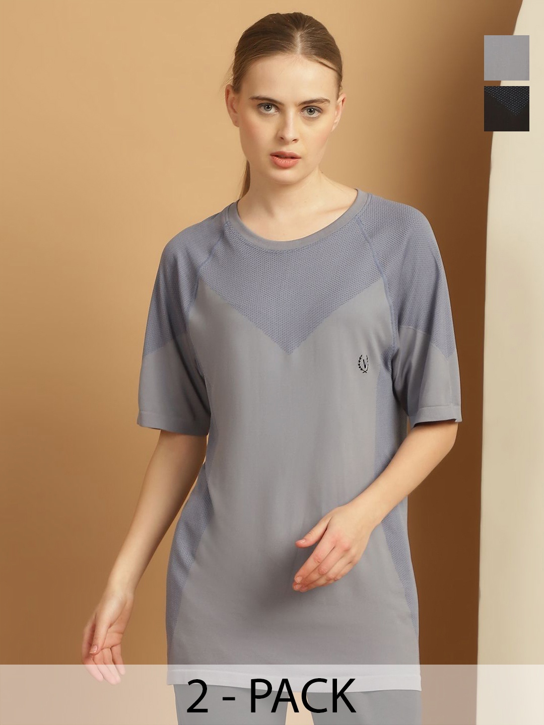 

VIMAL JONNEY Women Pack Of 2 Solid Drop-Shoulder Sleeves Oversized T-shirts, Grey