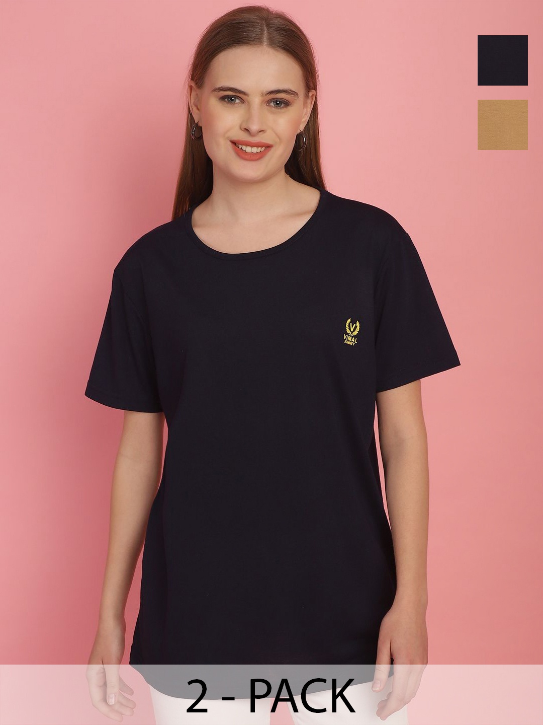 

MACK JONNEY Women Pack Of 2 Solid Drop-Shoulder Sleeves Oversized T-shirts, Black