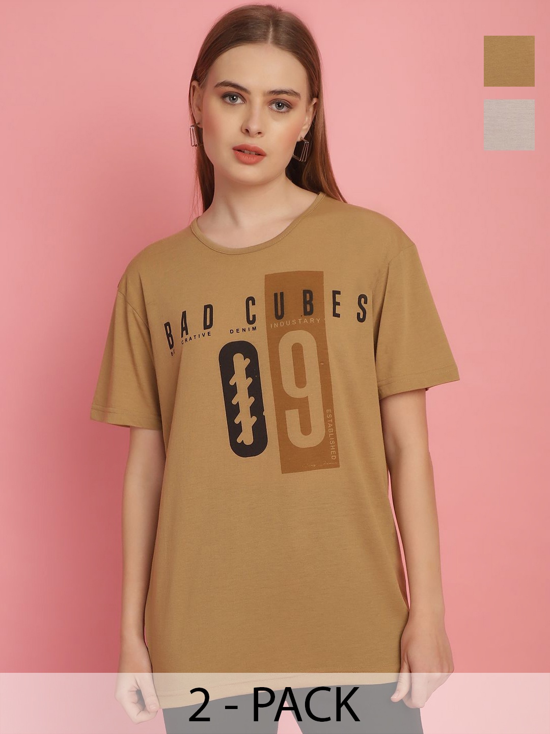 

MACK JONNEY Women Pack Of 2 Printed Drop-Shoulder Sleeves Oversized T-shirts, Brown