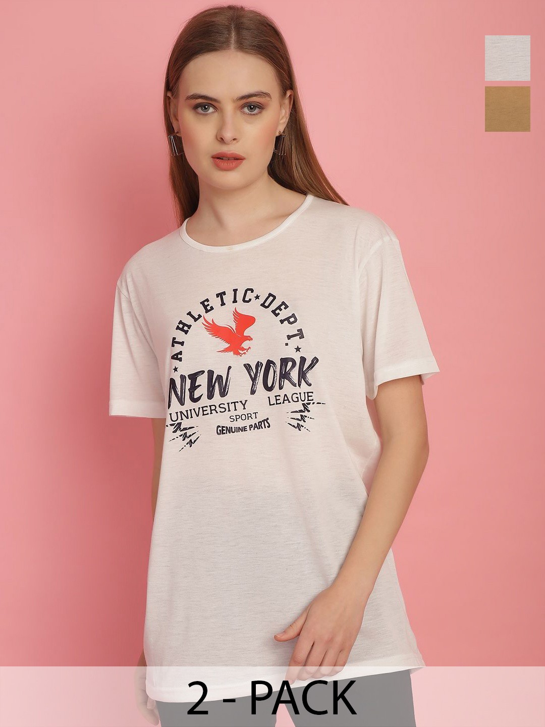 

VIMAL JONNEY Women Pack Of 2 Typography Printed Drop-Shoulder Sleeves Oversized T-shirts, White