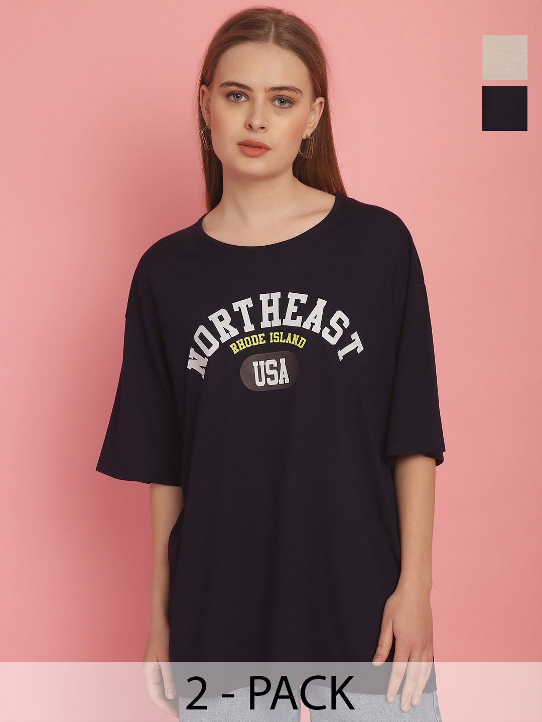

MACK JONNEY Women Pack Of 2 Typography Printed Drop-Shoulder Sleeves Oversized T-shirts, Black