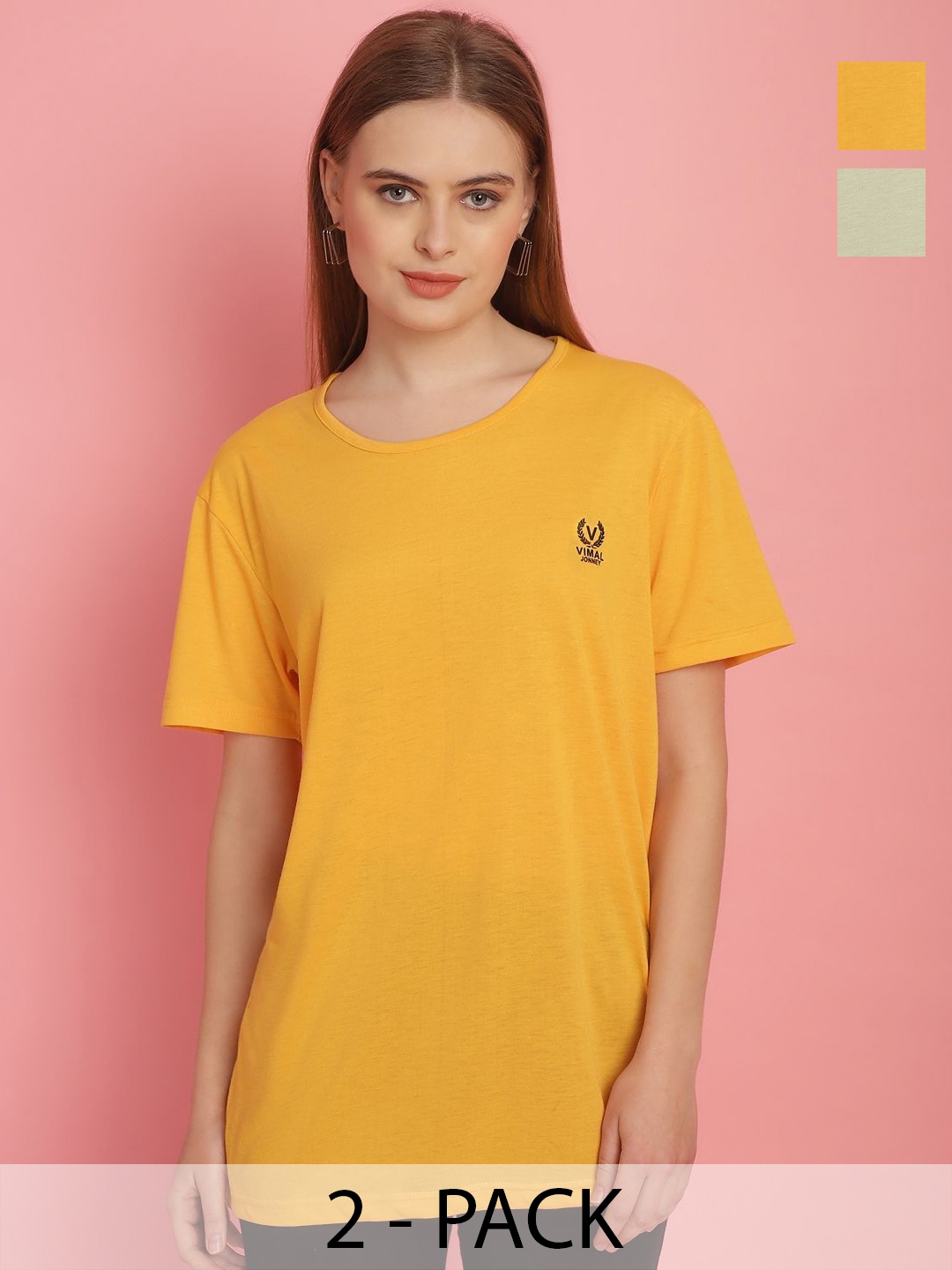 

VIMAL JONNEY Women Pack Of 2 Solid Drop-Shoulder Sleeves Oversized T-shirts, Yellow