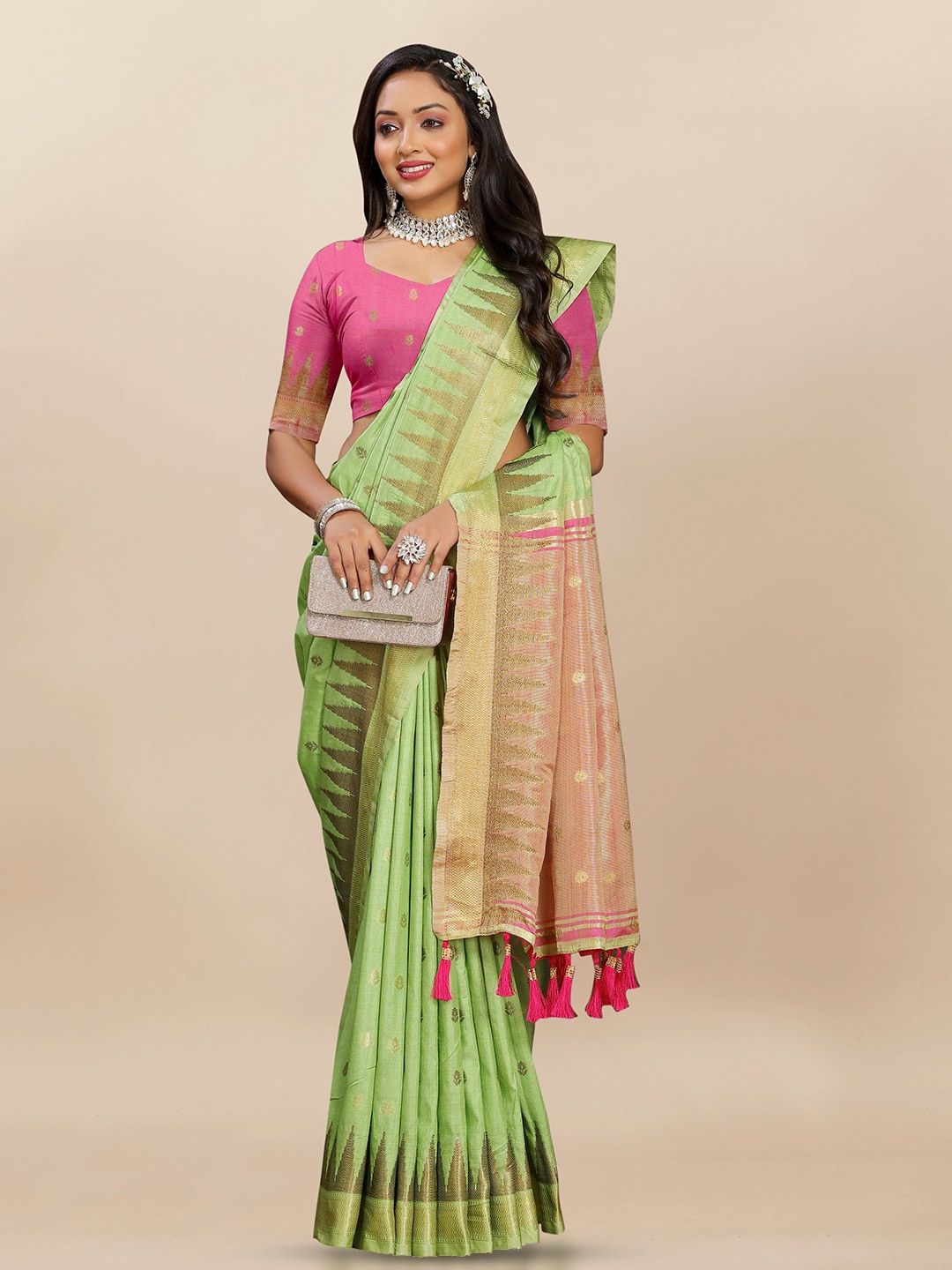 

Upalksh Woven Design Zari Silk Blend Banarasi Saree, Lime green