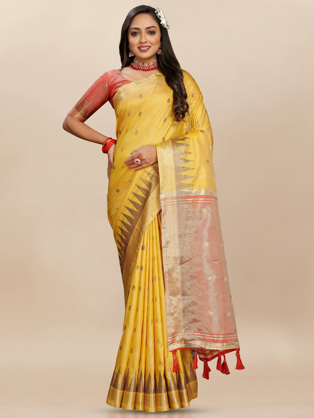 

Upalksh Ethnic Motif Zari Woven Banarasi Saree, Yellow