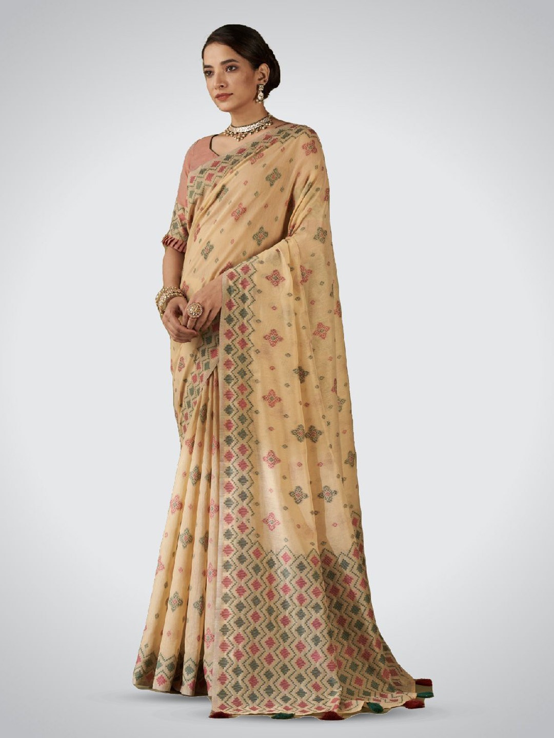 

Aura Zari Geometric Pure Cotton Saree, Beige