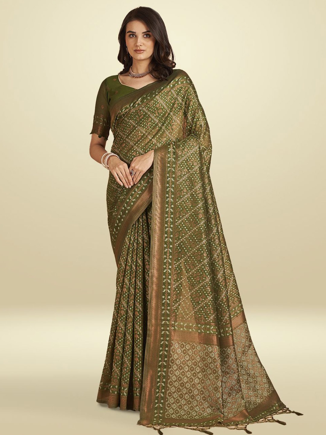 

Aura Bandhani Zari Pure Cotton Bandhani Saree, Green