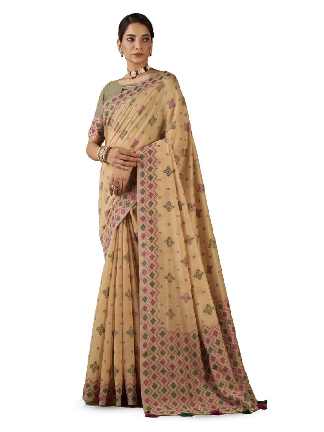 

Aura Pure Geometric Woven Design Pure Cotton Saree, Beige