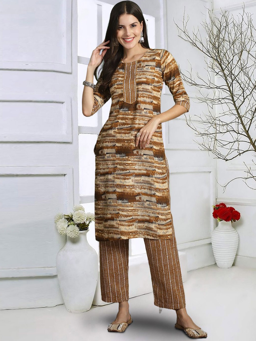 

7Threads Abstract Printed Straight Pure Cotton Kurta with Trousers & Dupatta, Khaki