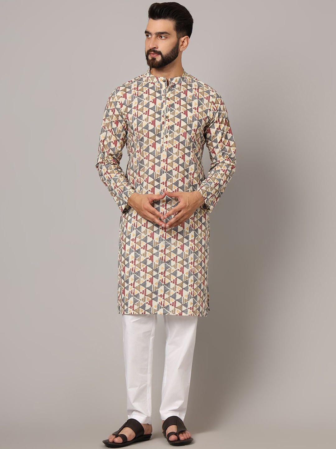 

FABRIC FITOOR Geometric Printed Band Collar Pure Cotton Straight Kurta, Cream