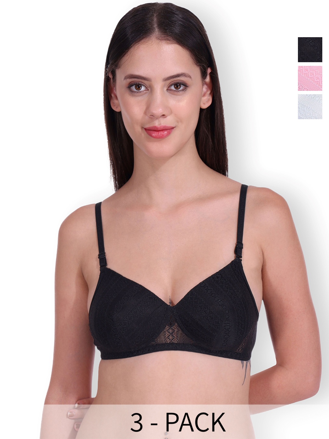 

SELFCARE Pack of 3 Bra Full Coverage Lightly Padded, Black